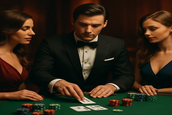 একজন নারী ল্যাপটপে অনলাইন গেম উপভোগ করছেন, চারপাশে জ্বলে উঠা আলোকময় ক্যাসিনো পরিবেশ ছড়িয়ে পড়েছে